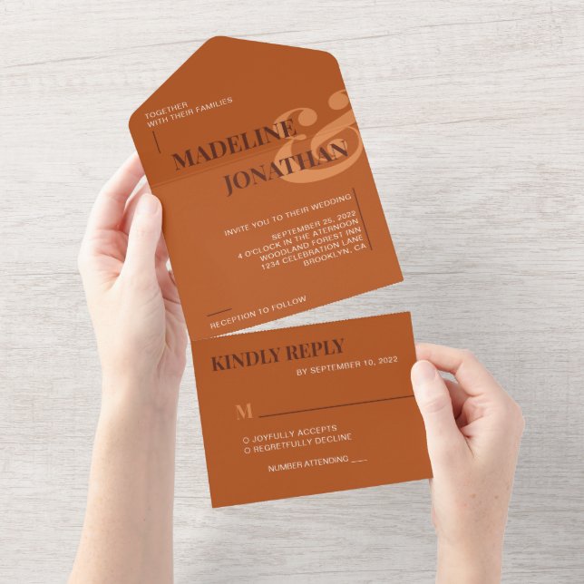 Modern Elegant Plain Terracotta Bold Wedding RSVP All In One Invitation (Tearaway)