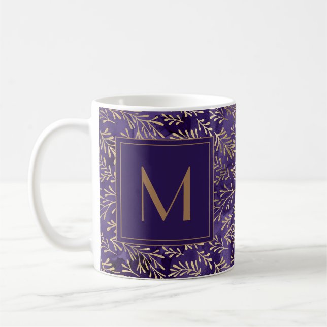 Modern Elegant Plum Purple Gold Leaves Monogram Coffee Mug (Left)