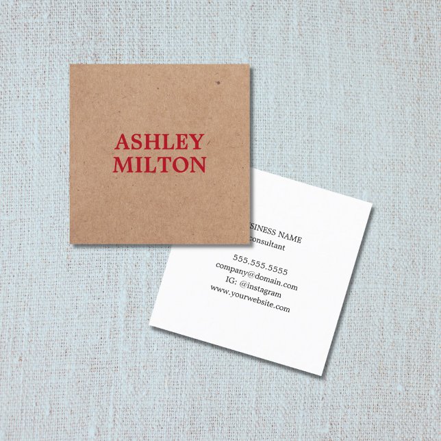 Modern Elegant  Printed Kraft Red Bold Consultant Square Business Card (Creator Uploaded)