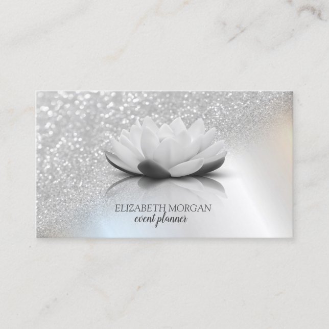Modern Elegant Professional Silver Bokeh Lotus Business Card (Front)