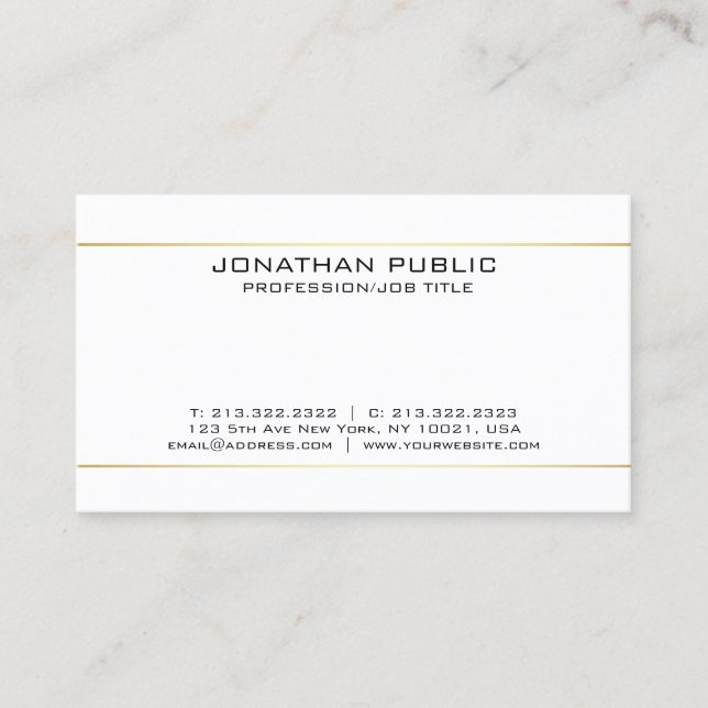 Modern Elegant Professional White Gold Simple Business Card (Front)