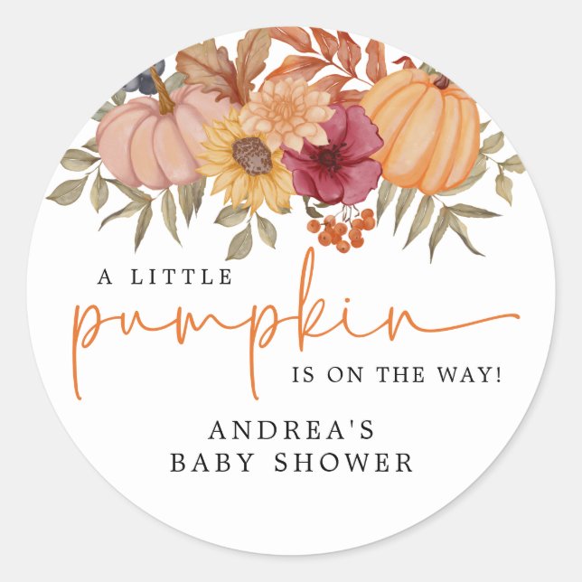 Modern Elegant Pumpkin Autumn Flower Baby Shower Classic Round Sticker (Front)