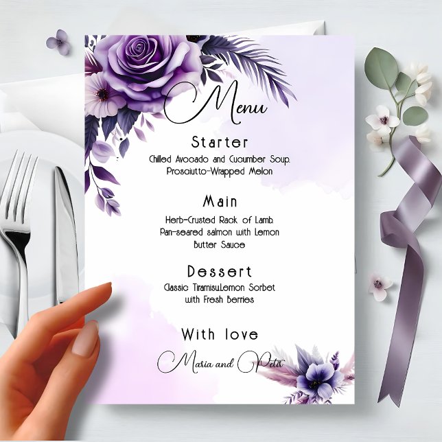 Modern , Elegant Purple and Silver Floral Wedding Menu (Creator Uploaded)