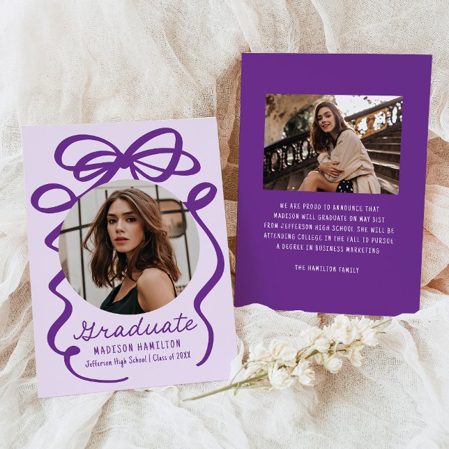 Modern Elegant Purple Bow 2 Photo Graduation Announcement (Creator Uploaded)