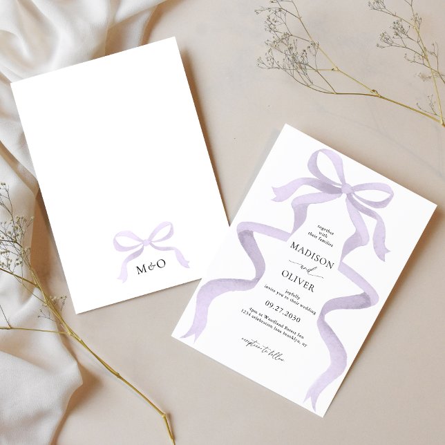 Modern Elegant Purple Bow Monogram Wedding Invitation (Creator Uploaded)