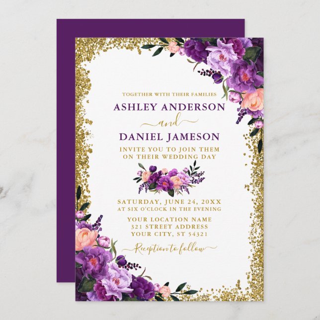Modern Elegant Purple Floral Gold Glitter Wedding Invitation (Front/Back)