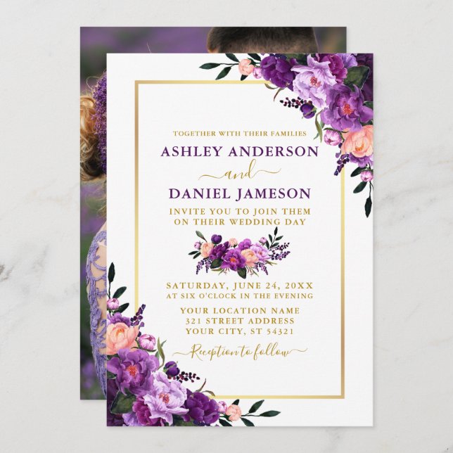 Modern Elegant Purple Floral Photo Wedding Invitation (Front/Back)