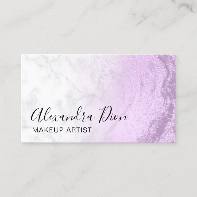 Modern elegant purple glitter marble makeup artist business card (Front)