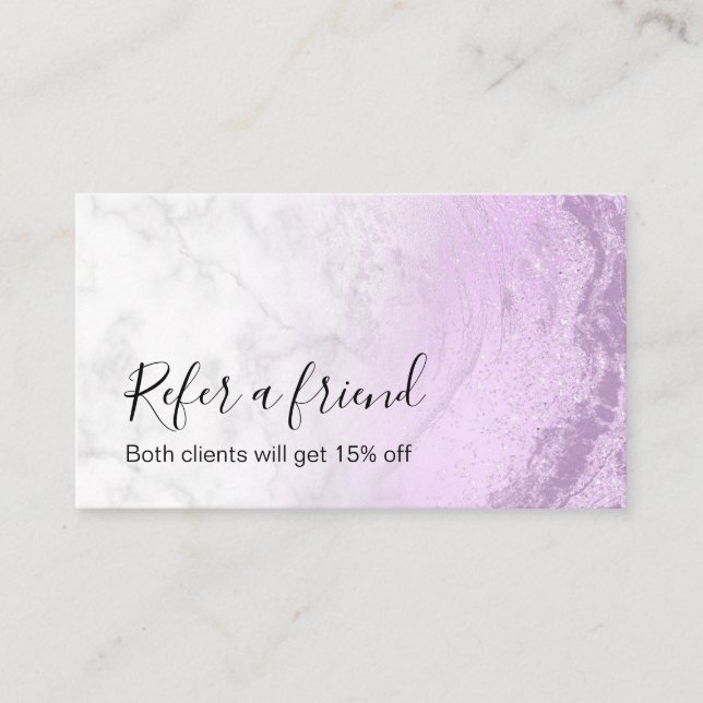 Modern elegant purple glitter marble makeup artist referral card (Front)