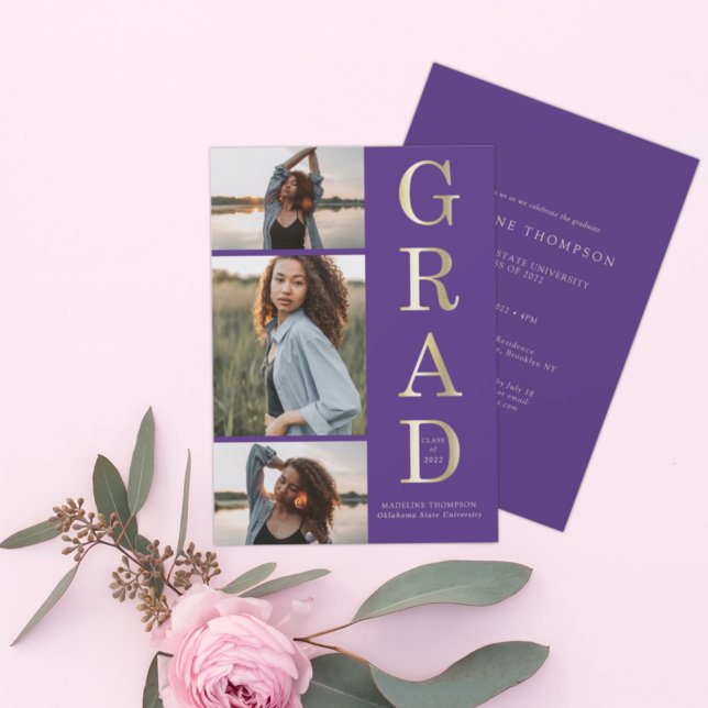 Modern Elegant Purple Gold 3 Photo Graduation Invitation (Creator Uploaded)