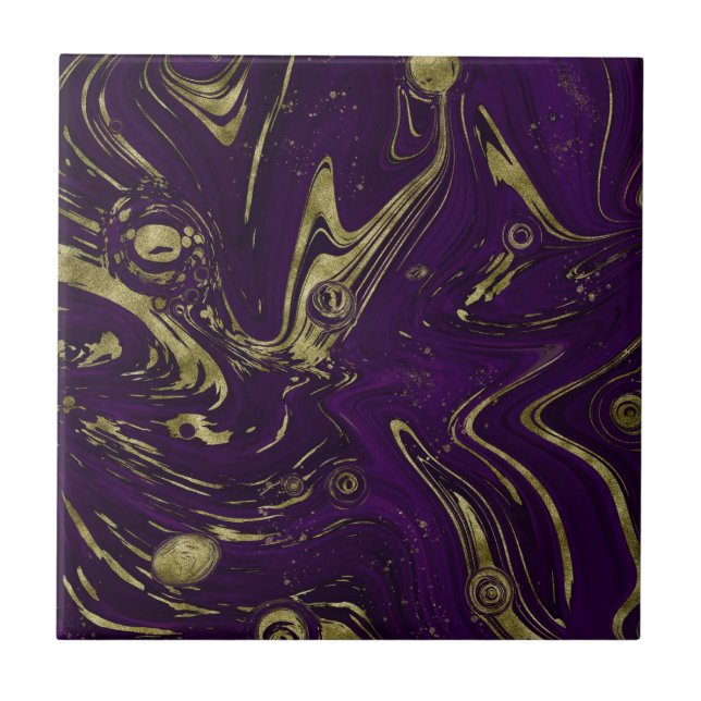 Modern Elegant Purple & Gold Marble Swirl  Ceramic Tile (Front)