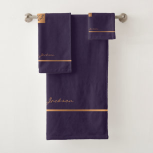 Modern elegant purple gold monogrammed stripes bath towel set
