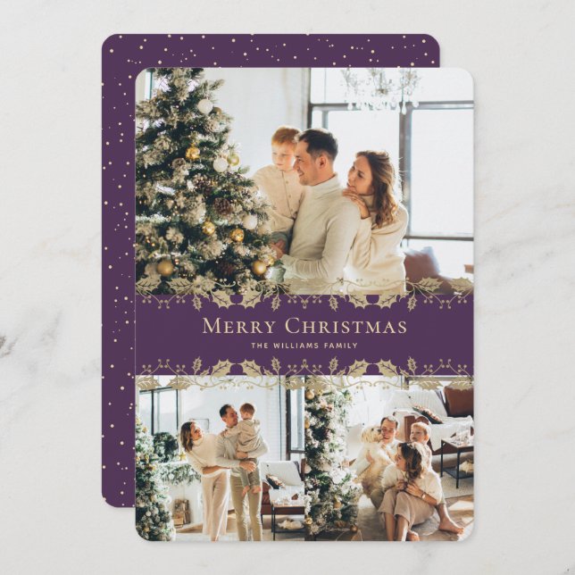 Modern Elegant Purple Gold Photo Merry Christmas Holiday Card (Front/Back)