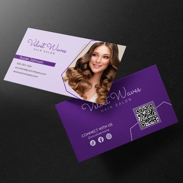 Modern Elegant Purple Hair Stylist Makeup QR Code Business Card (Creator Uploaded)