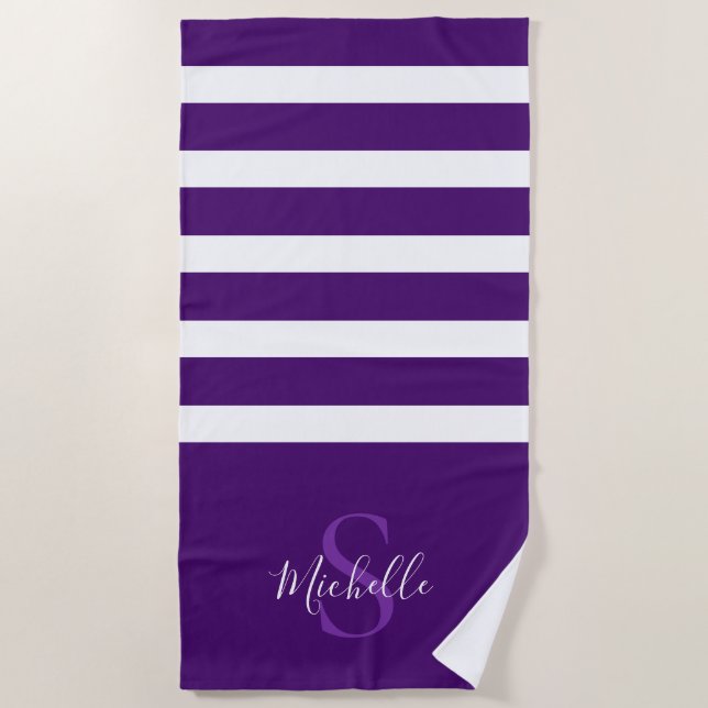 Modern Elegant Purple Simple Striped Monogram Name Beach Towel (Front)
