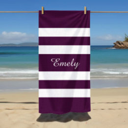 Modern Elegant Purple Stripes Pattern Name Beach Towel