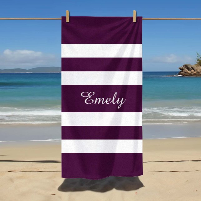 Modern Elegant Purple Stripes Pattern Name Beach Towel (Custom Name Modern Elegant Purple White Stripes Pattern Name Beach Towel)