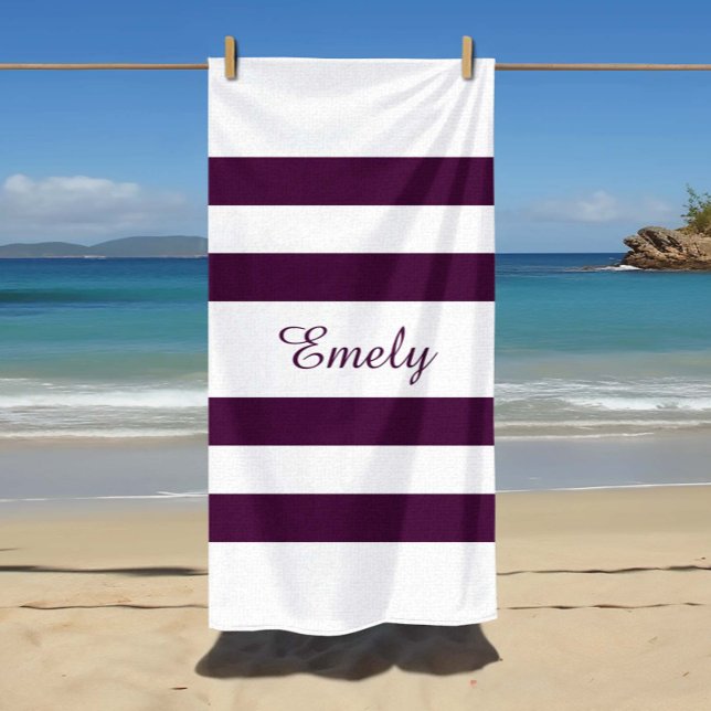 Modern Elegant Purple Stripes Pattern Name Beach Towel (Modern Elegant Purple Stripes Pattern Name Beach Towel)