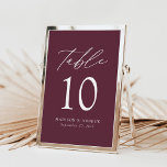 Modern Elegant Purple Wedding Table Number<br><div class="desc">Trendy, minimalist wedding table number cards featuring white modern lettering with "Table" in modern calligraphy script. The design features a wine-purple background or a colour of your choice. The design repeats on the back. To order the purple table cards: add your name, wedding date, and table number. Add each number...</div>