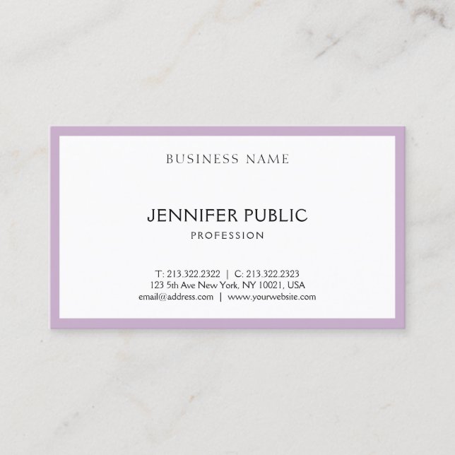 Modern Elegant Purple White Minimalist Template Business Card (Front)