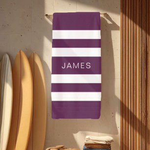 Modern Elegant Purple White Stripes Pattern Name Beach Towel