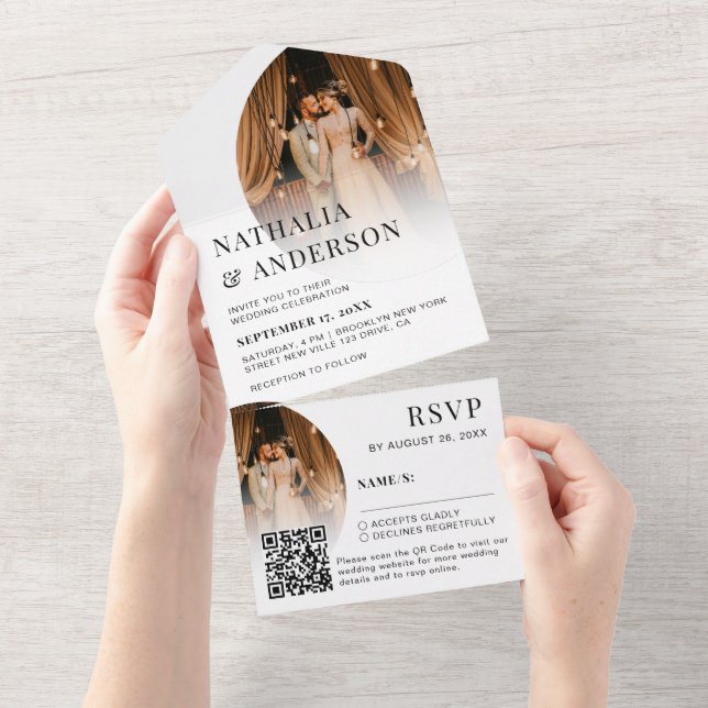 Modern Elegant QR Code 2 Photo Unique Wedding All In One Invitation (Tearaway)