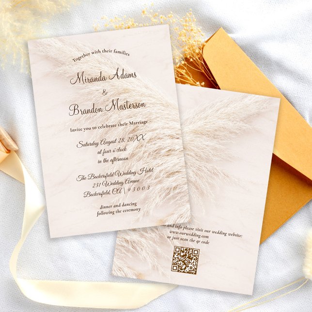 Modern Elegant QR Code Pampas Grass Boho Wedding Invitation (Creator Uploaded)