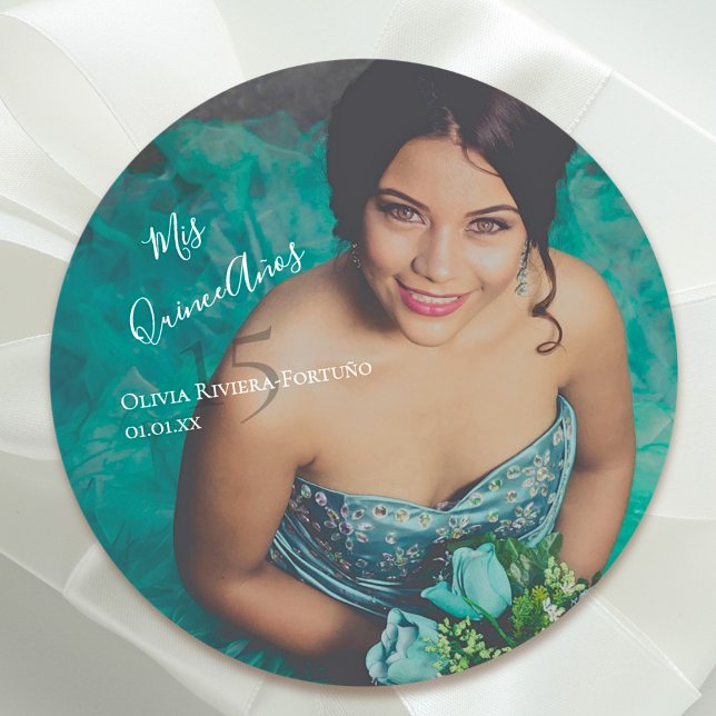 Modern Elegant Quinceanera 15th Birthday Photo Classic Round Sticker (Creator Uploaded)