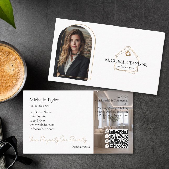 Modern Elegant Real Estate Realtor Photo Gold Business Card (elegant gold house logo for real estate agents, business card with an arched frame photo and QR code)
