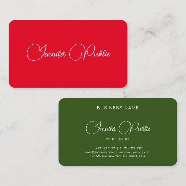 Modern Elegant Red And Green Handwritten Name Business Card (Front/Back)