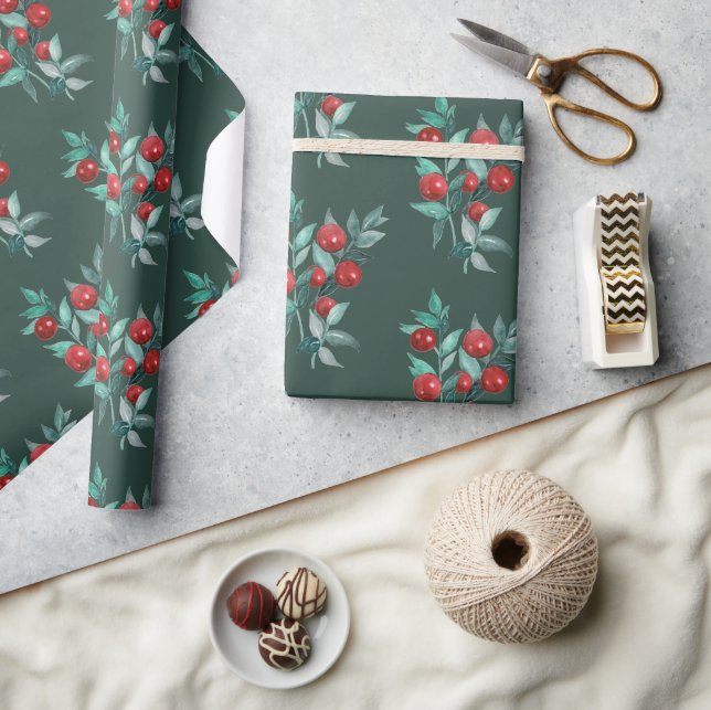 Modern Elegant Red Berries on Dark Christmas green Wrapping Paper (Crafts)