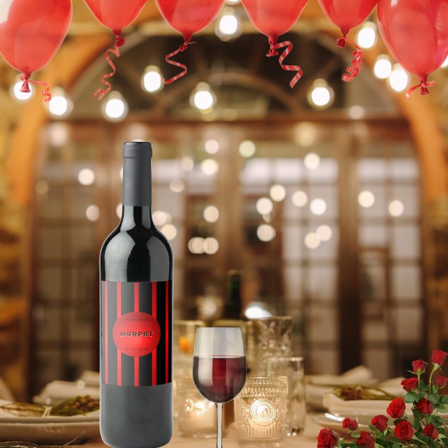 Modern Elegant Red Black Stripes Name or Monogram Wine Label (Elegant black and red striped set of 6 labels personalized by you)