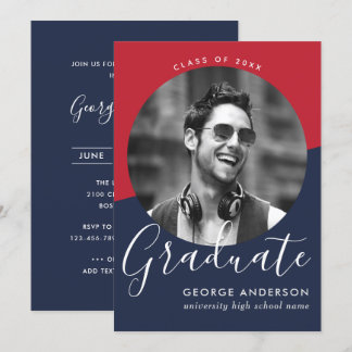 Modern Elegant Red Blue White | Photo Graduation Invitation