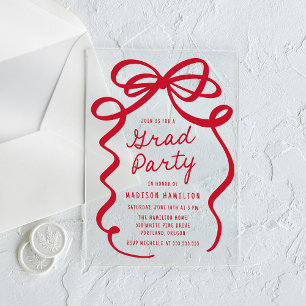 Modern Elegant Red Bow Graduation Party Acrylic Invitations