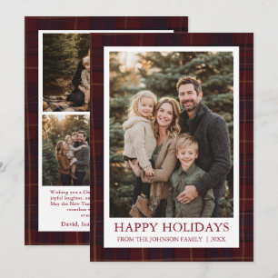 Modern Elegant Red Christmas Plaid Family Photo Holiday Card