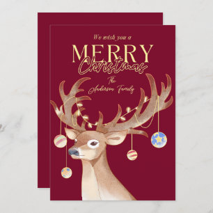 Modern Elegant Red Christmas Script Reindeer Holiday Card