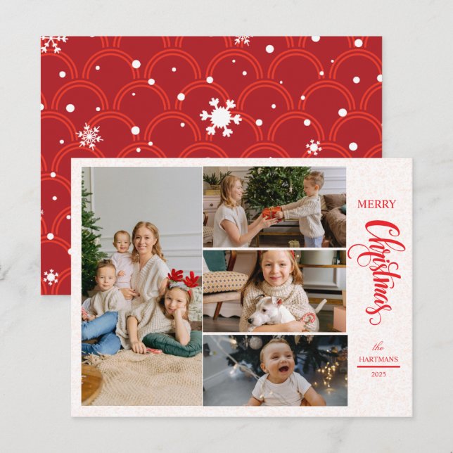 Modern Elegant Red Five Photo Collage Christmas Holiday Postcard (Front/Back)
