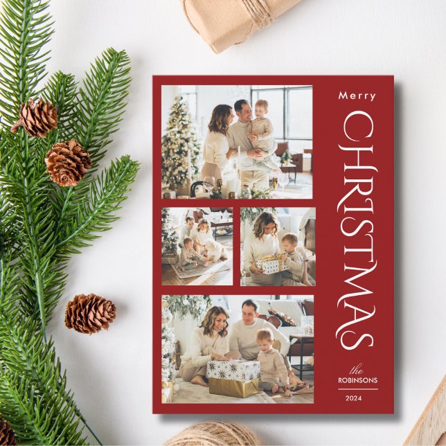 Modern Elegant Red Four Photo Collage Christmas  Holiday Card (Creator Uploaded)