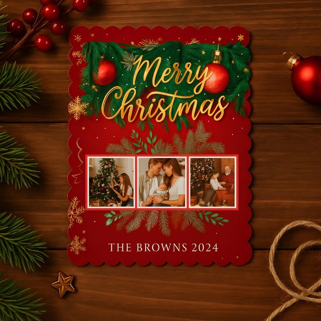 Modern Elegant Red Gold Christmas Family Photo Holiday Card (Custom Family Photos For a Mary Christmas 🎁🎄)