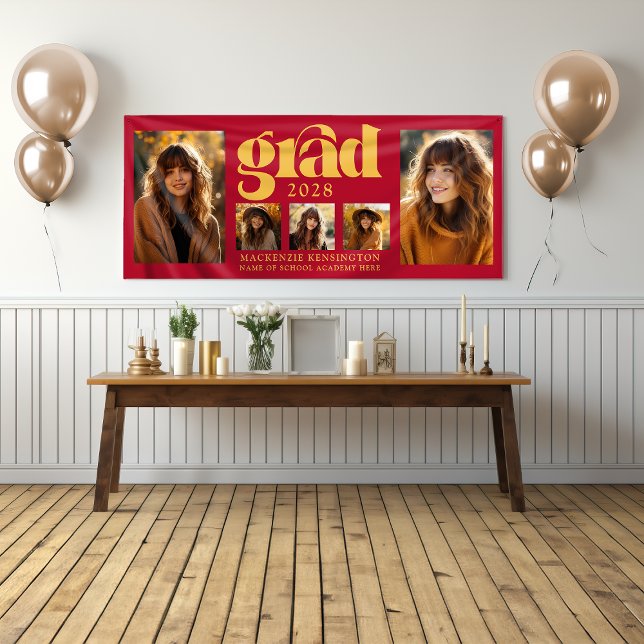 Modern Elegant Red Gold Graduation Photo Collage  Banner (Modern Elegant Red Gold Graduation Photo Collage Banner)