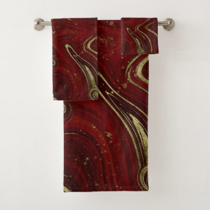 Modern Elegant Red & Gold Marble Swirl Bath Towel Set