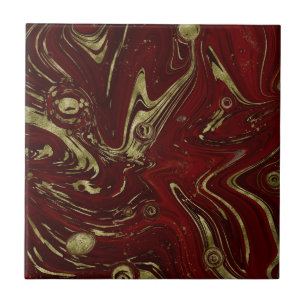 Modern Elegant Red & Gold Marble Swirl Ceramic Tile