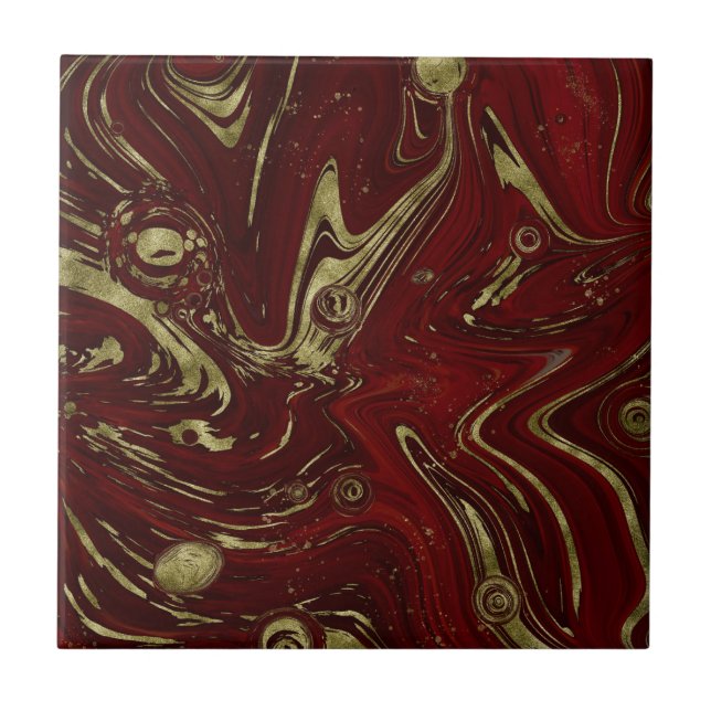 Modern Elegant Red & Gold Marble Swirl  Ceramic Tile (Front)
