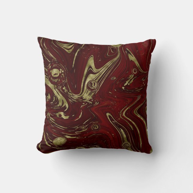 Modern Elegant Red & Gold Marble Swirl Cushion (Front)