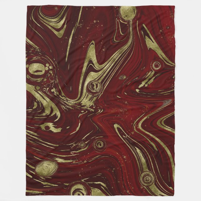 Modern Elegant Red & Gold Marble Swirl  Fleece Blanket (Front)