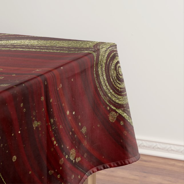 Modern Elegant Red & Gold Marble Swirl  Tablecloth (In Situ)