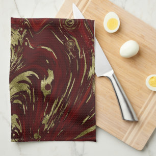 Modern Elegant Red & Gold Marble Swirl Tea Towel