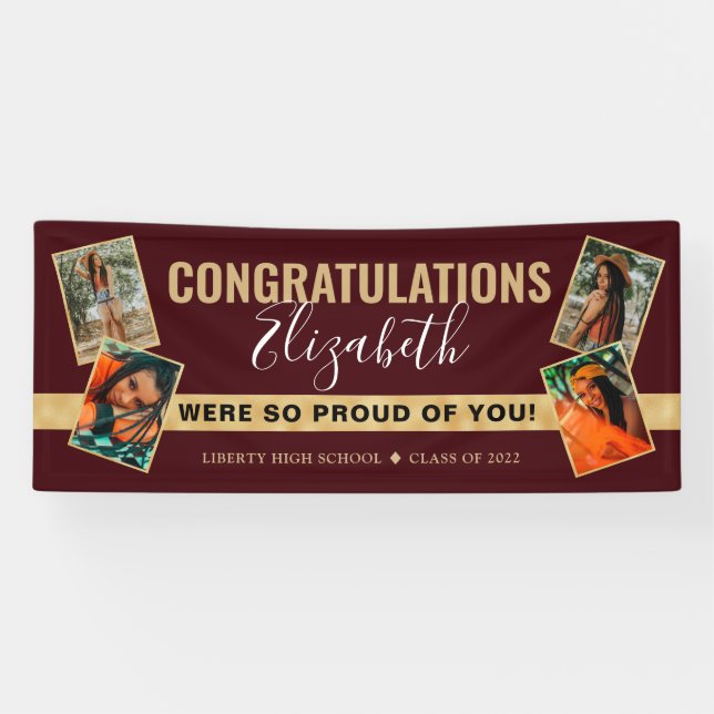 Modern Elegant Red Gold Photo Collage Graduation Banner (Horizontal)