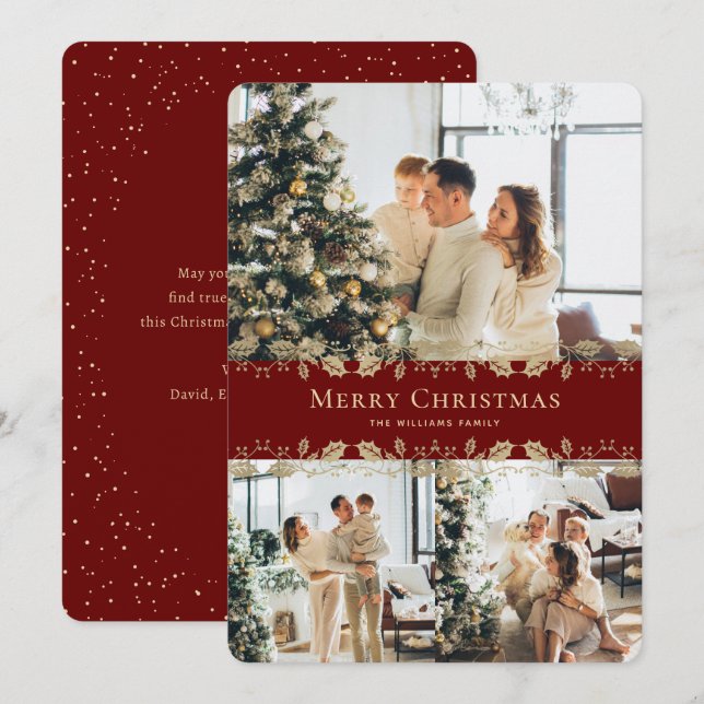 Modern Elegant Red Gold Photo Merry Christmas Holiday Card (Front/Back)