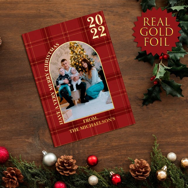 Modern Elegant Red Gold Tartan Plaid Christmas Foil Holiday Card (Creator Uploaded)